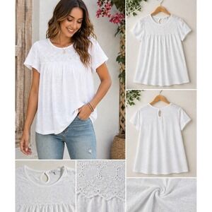 Juniper + Lime White Babydoll Top XL Eyelet Lace Yoke Keyhole Back Short Sleeve